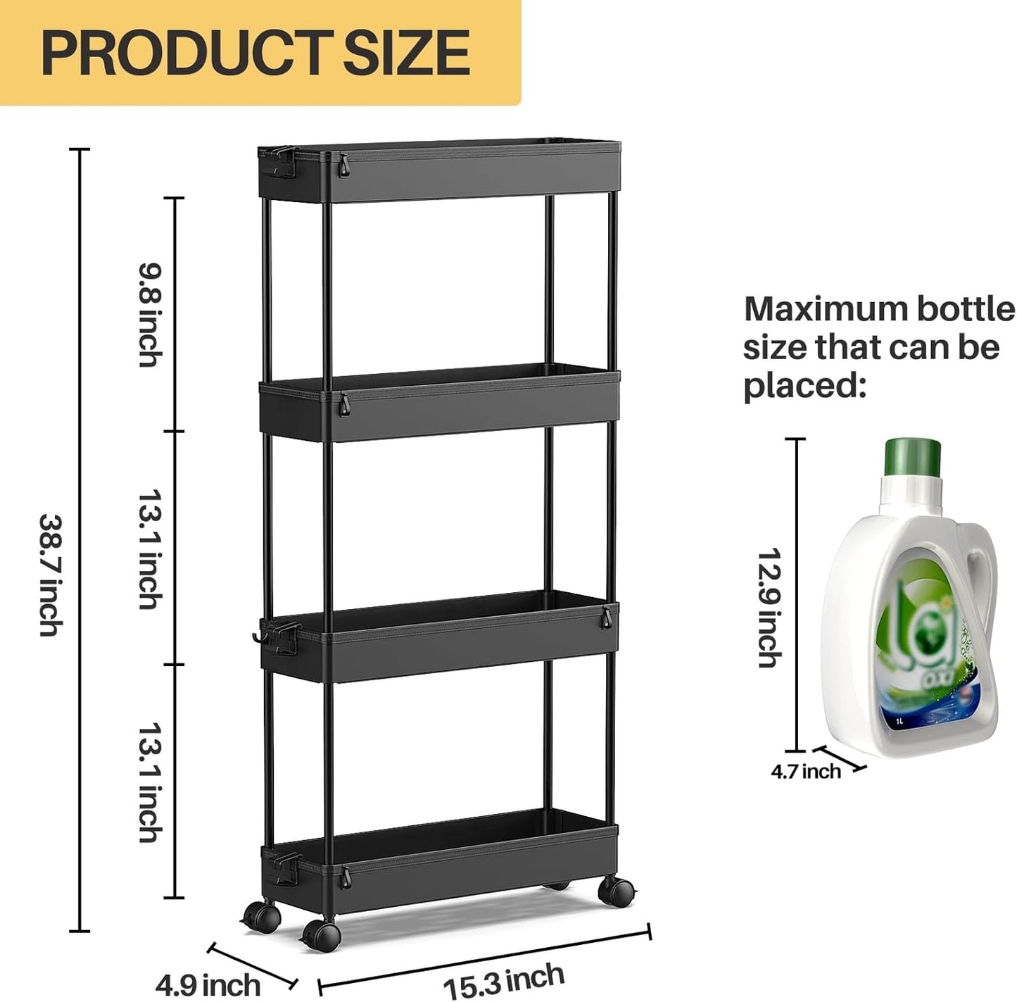 SPACELEAD Slim Rolling Cart, Bathroom Storage Cart with Lockable Wheels, Storage Organizer, Mobile Shelving Unit Cart for Bathroom, Laundry Room, Kitchen and Office