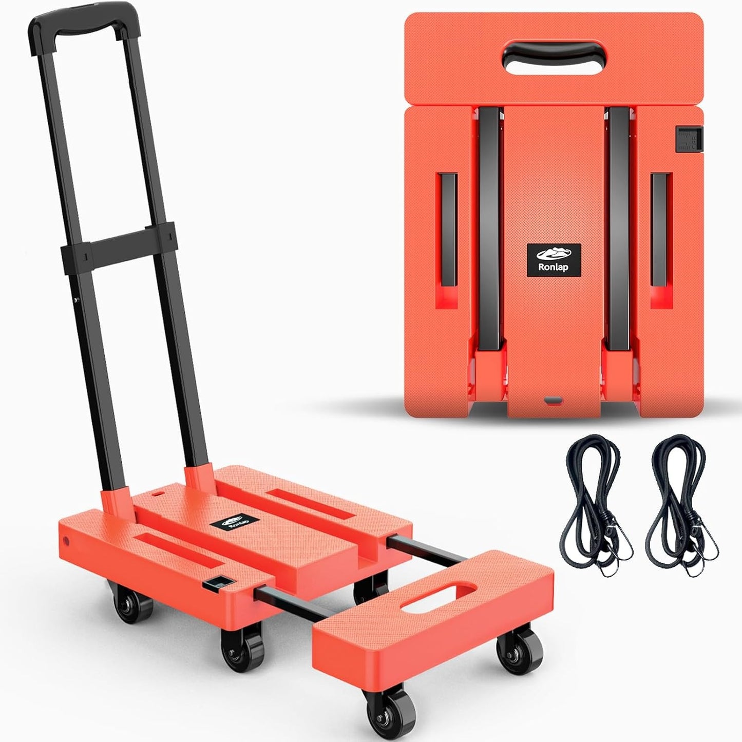 Foldable Dolly, Heavy Duty Dolly Cart, Folding Hand Truck with 6 Wheels & 2 Elastic Ropes, 500 LB Dolly Cart Capacity Portable Luggage Cart for Moving, Traveling and Shopping