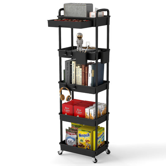 LLMRR 5 Tier Rolling Cart with Drawer, Utility cart with Handle, Bathroom Cart, Snack Cart, Storage Organizer with Lockable Wheels, Rolling Storage Cart for Kitchen, Bathroom, Office, 5 Tier