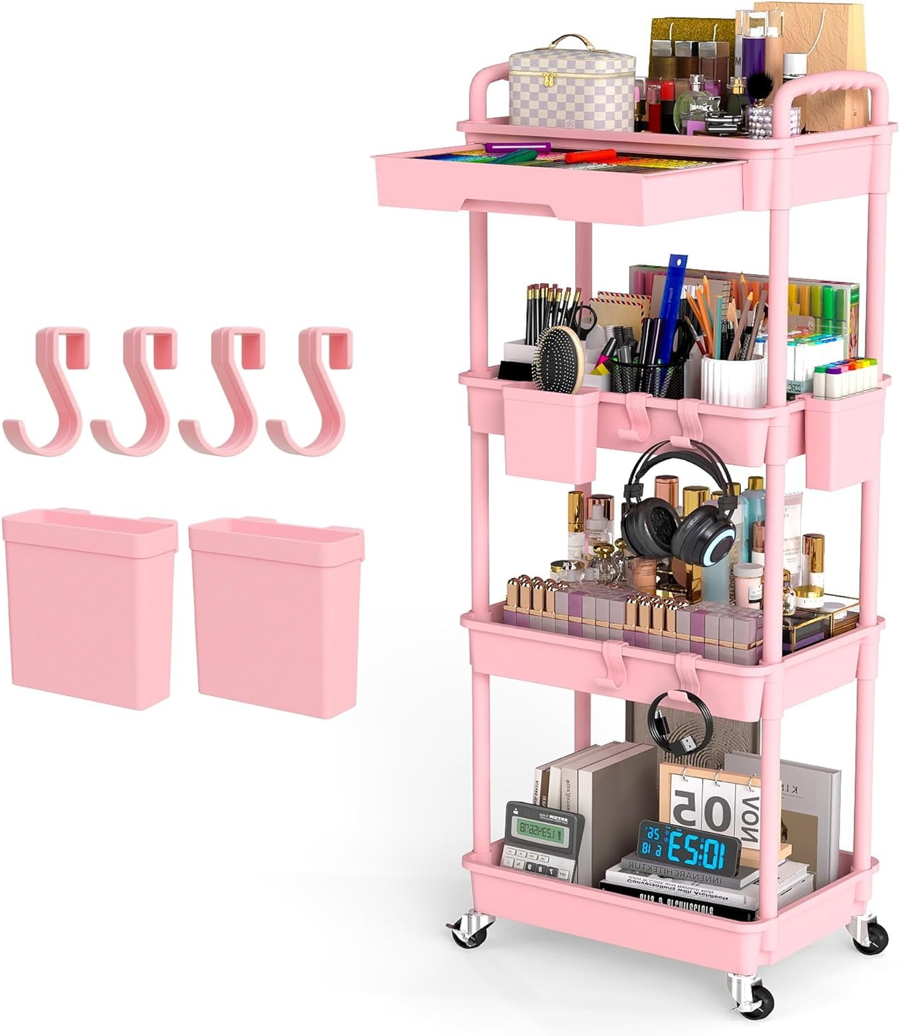 4 Tier Rolling Cart with Drawer, Utility cart with Handle, Bathroom Cart, Snack Cart, Storage Organizer with Lockable Wheels, Rolling Storage Cart for Kitchen, Bathroom, Office, 4 Tier