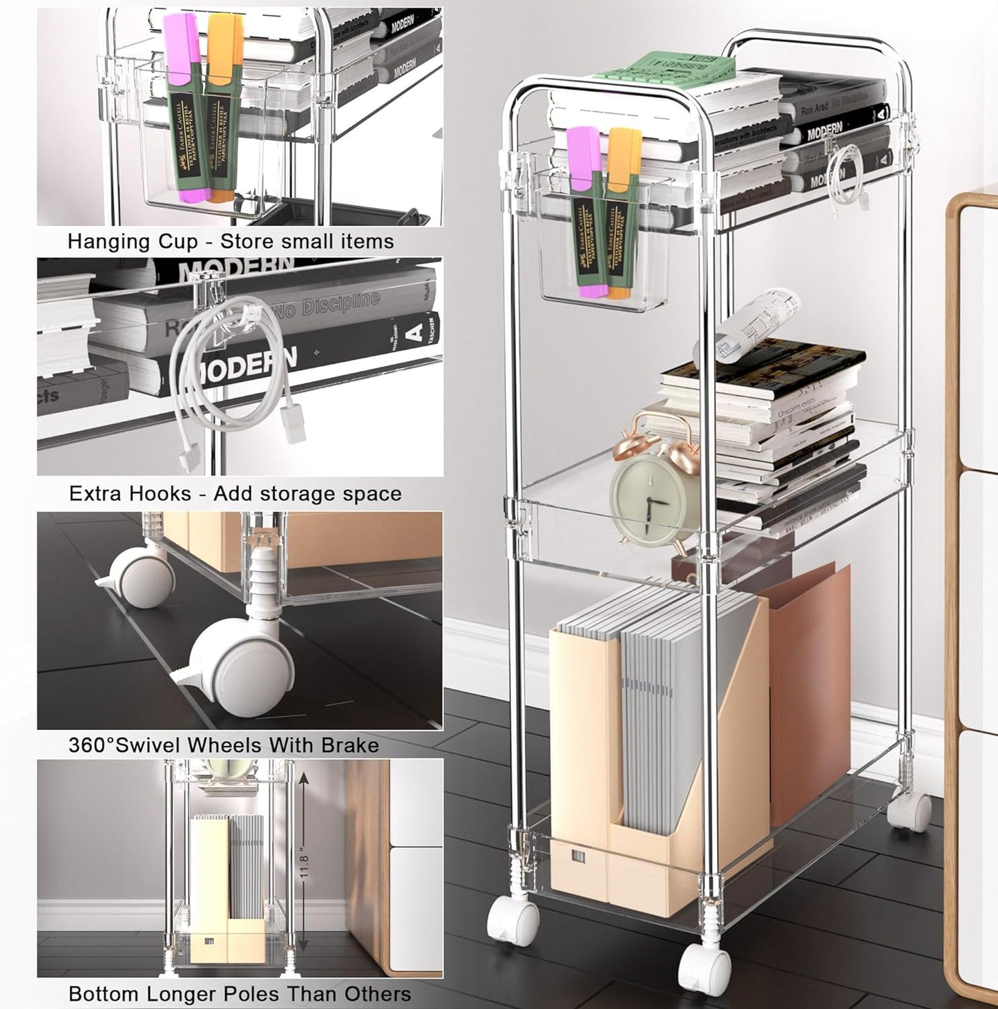 LLMRR 3-Tier Acrylic Storage Rolling Cart Bathroom Cart Organizer, Transparency Laundry Room Organization Mobile Shelving Unit Multifunction Rolling Utility Cart