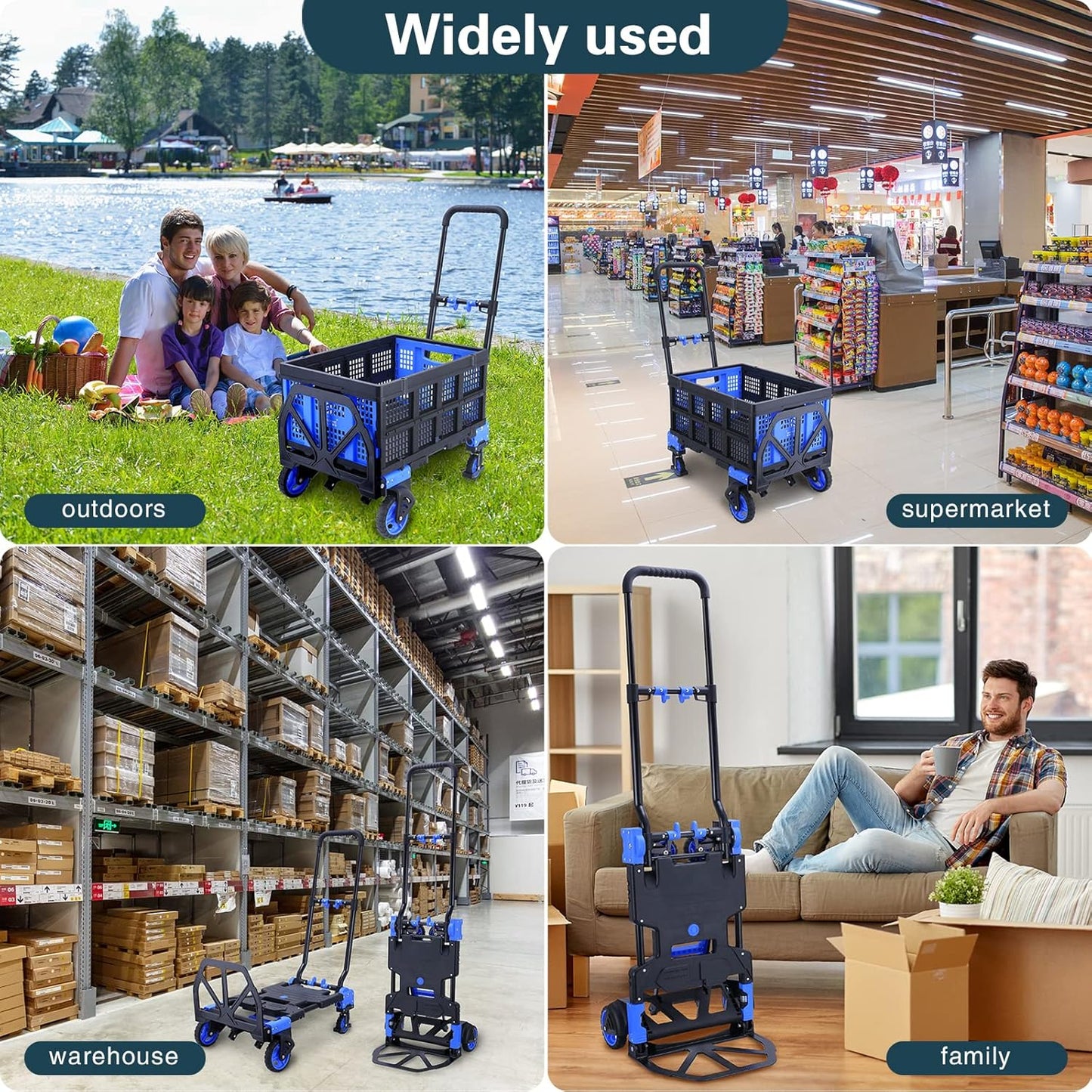 2 in 1 Folding Hand Truck Dolly with Folding Basket, 330LBS Capacity Moving Cart with Wheels, Multifunctional Platform Truck, Hand Truck Foldable with 4 Wheels and Retractable Handle