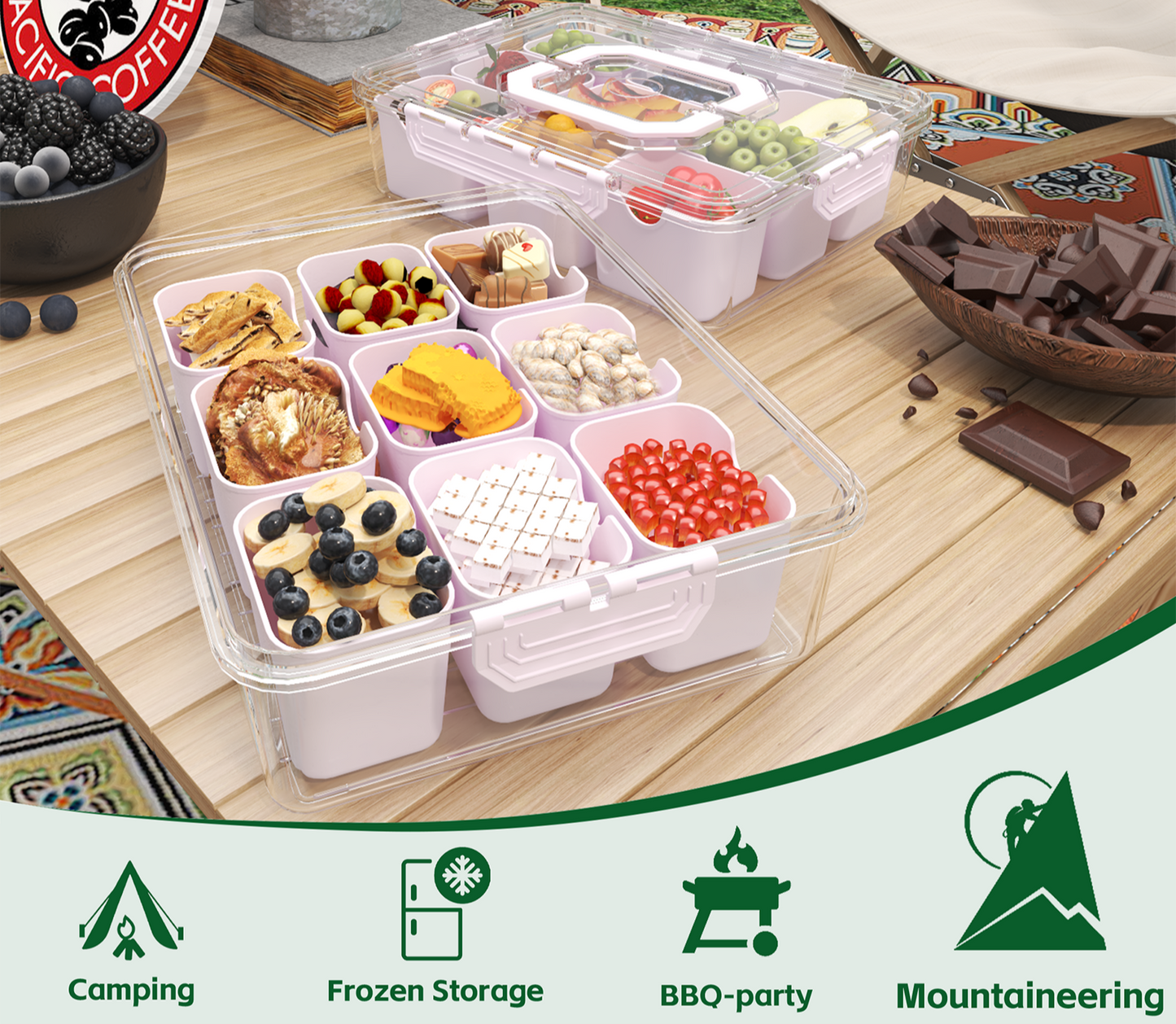 LLMRR Snackle Box Container, Divided Serving Tray with Lid and Handle, Portable Clear Snackle Box, Snack Box & Fruit Tray for Road Travel, Party, Veggie, Fruit, Candy