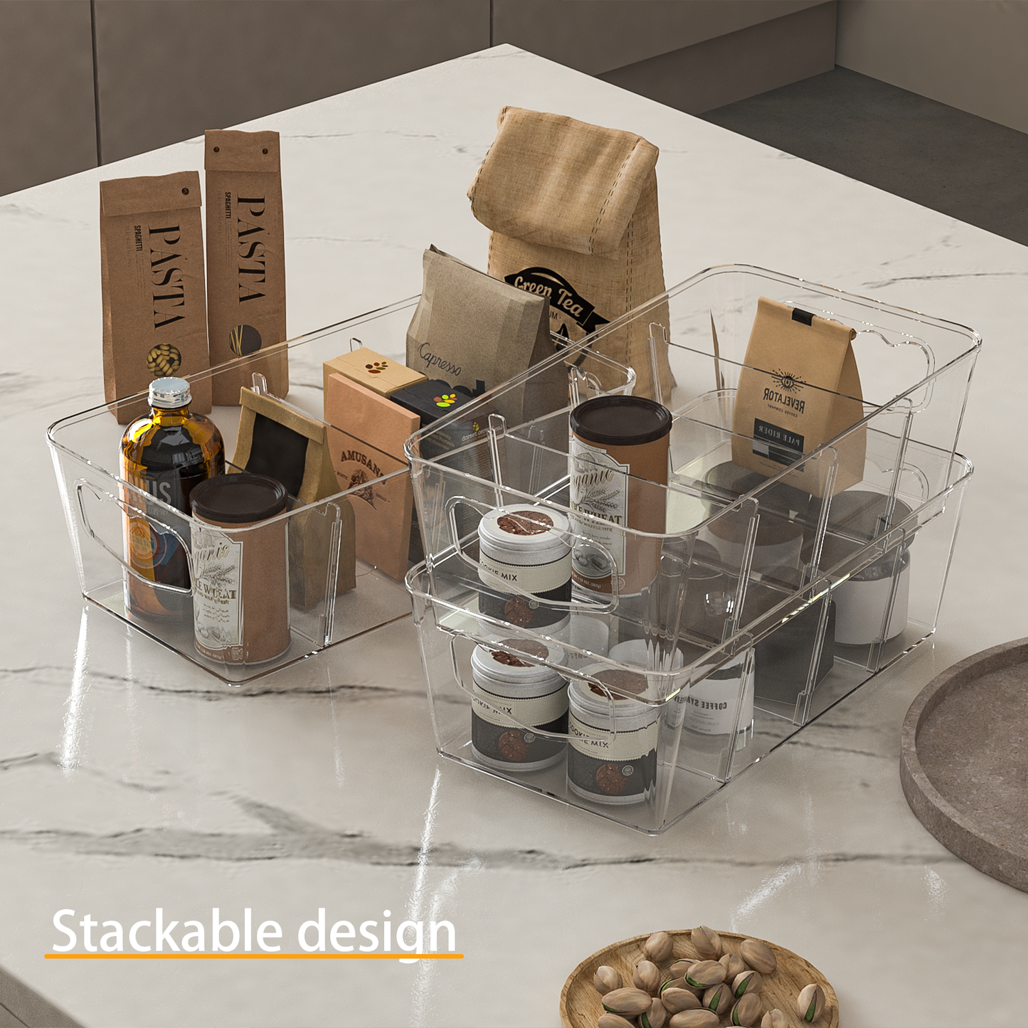 LLMRR Clear Storage Organizer, Clear Storage Bins, Plastic Storage Baskets with Removable Dividers, Plastic Storage Containers with Handles for Fridge, Pantry, Cabinet, Kitchen
