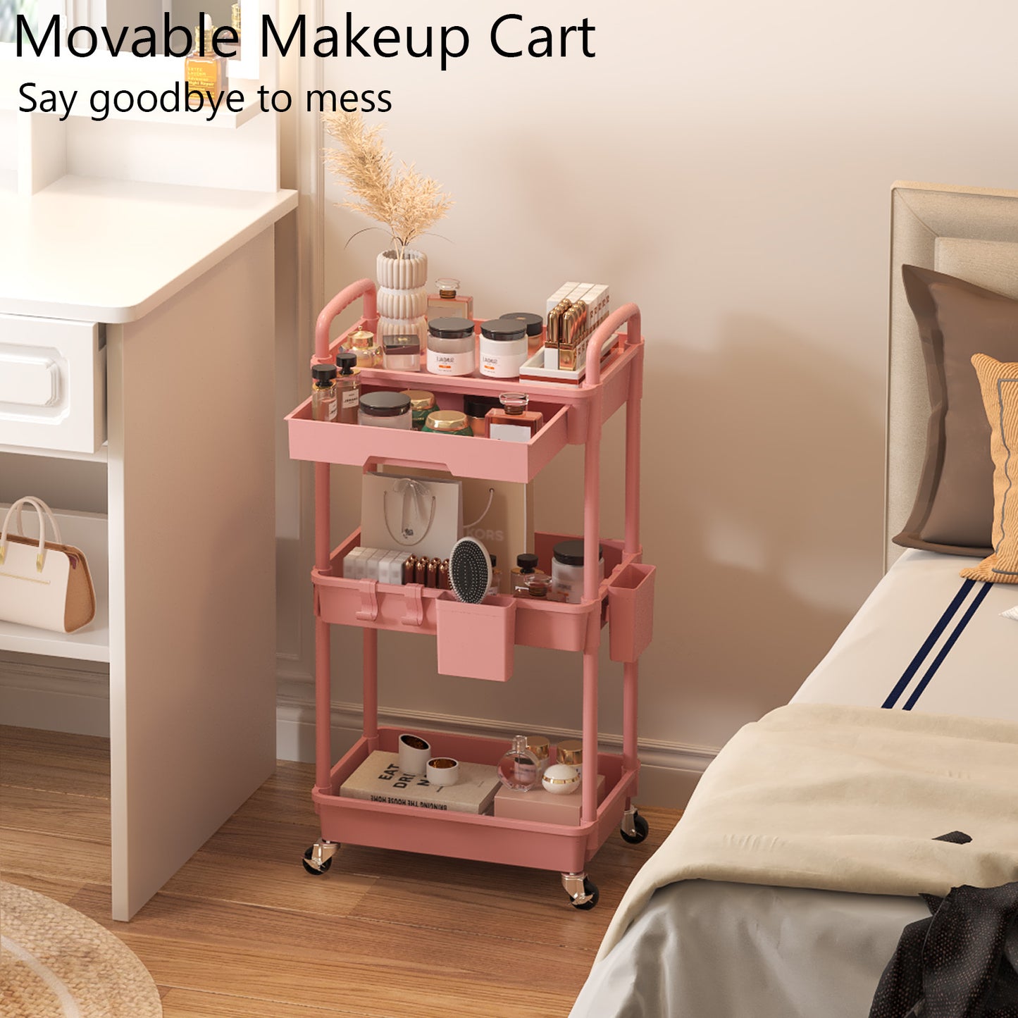 3 Tier Rolling Cart with Drawer, Utility cart with Handle, Bathroom Cart, Snack Cart, Storage Organizer with Lockable Wheels, Rolling Storage Cart for Kitchen, Bathroom, Office, 3 Tier