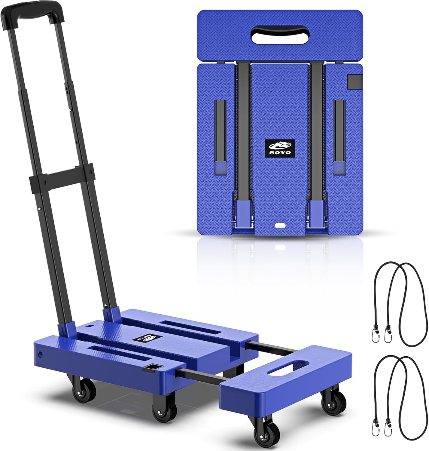 Foldable Dolly, Heavy Duty Dolly Cart, Folding Hand Truck with 6 Wheels & 2 Elastic Ropes, 500 LB Dolly Cart Capacity Portable Luggage Cart for Moving, Traveling and Shopping