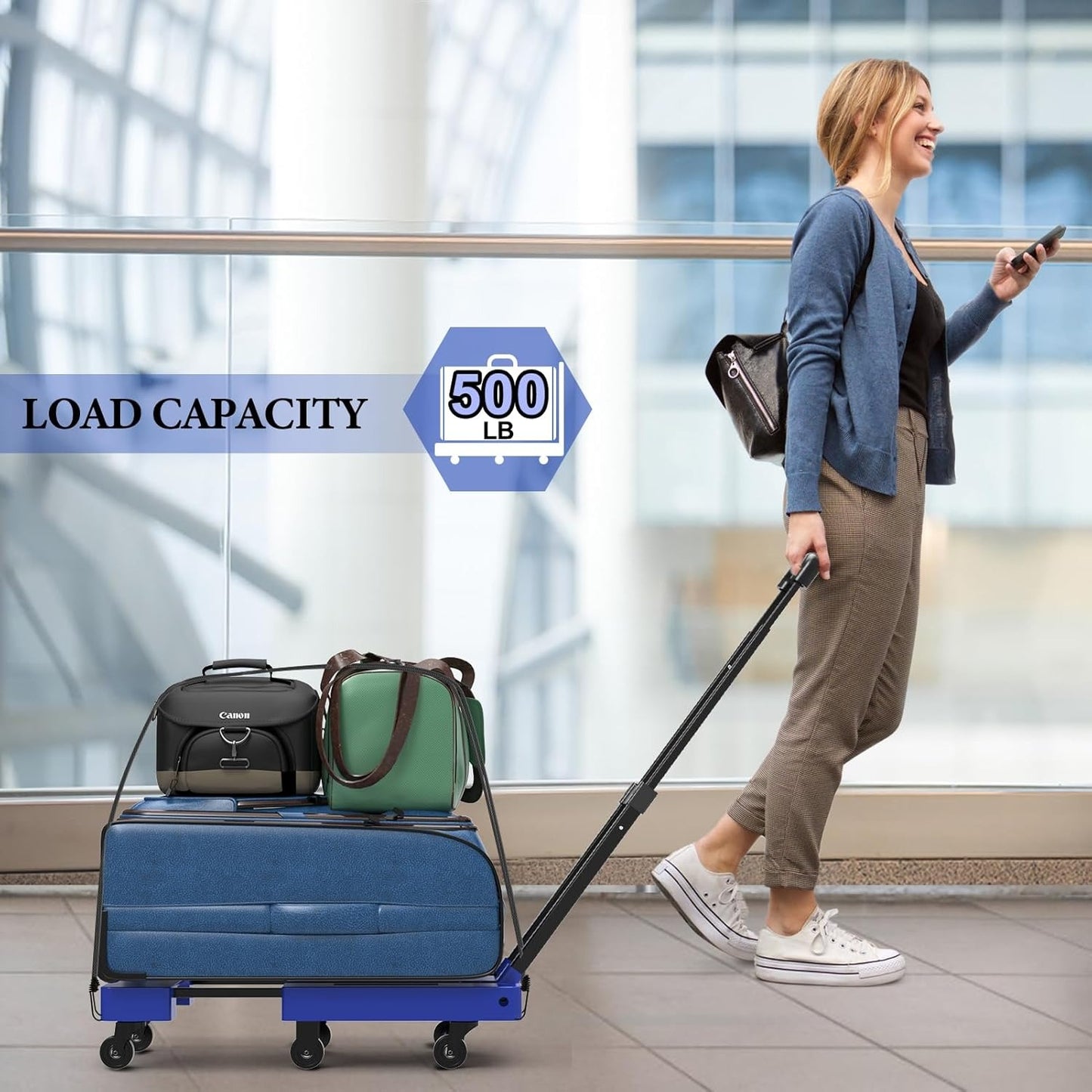 Foldable Dolly, Heavy Duty Dolly Cart, Folding Hand Truck with 6 Wheels & 2 Elastic Ropes, 500 LB Dolly Cart Capacity Portable Luggage Cart for Moving, Traveling and Shopping