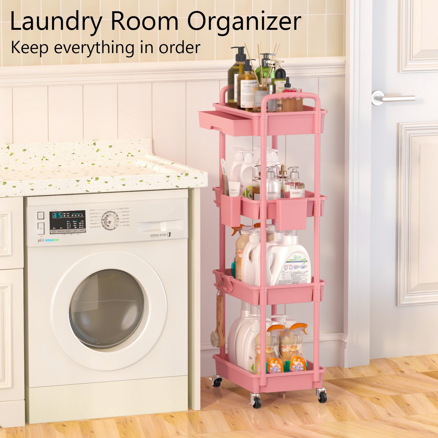 4 Tier Rolling Cart with Drawer, Utility cart with Handle, Bathroom Cart, Snack Cart, Storage Organizer with Lockable Wheels, Rolling Storage Cart for Kitchen, Bathroom, Office, 4 Tier