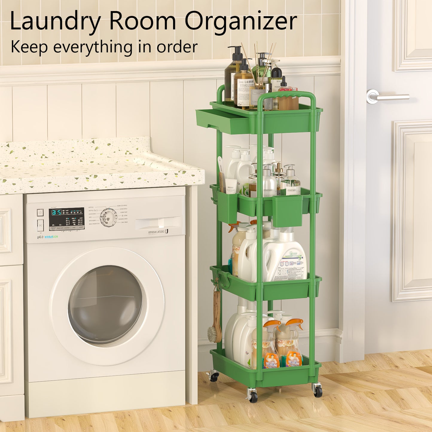 4 Tier Rolling Cart with Drawer, Utility cart with Handle, Bathroom Cart, Snack Cart, Storage Organizer with Lockable Wheels, Rolling Storage Cart for Kitchen, Bathroom, Office, 4 Tier