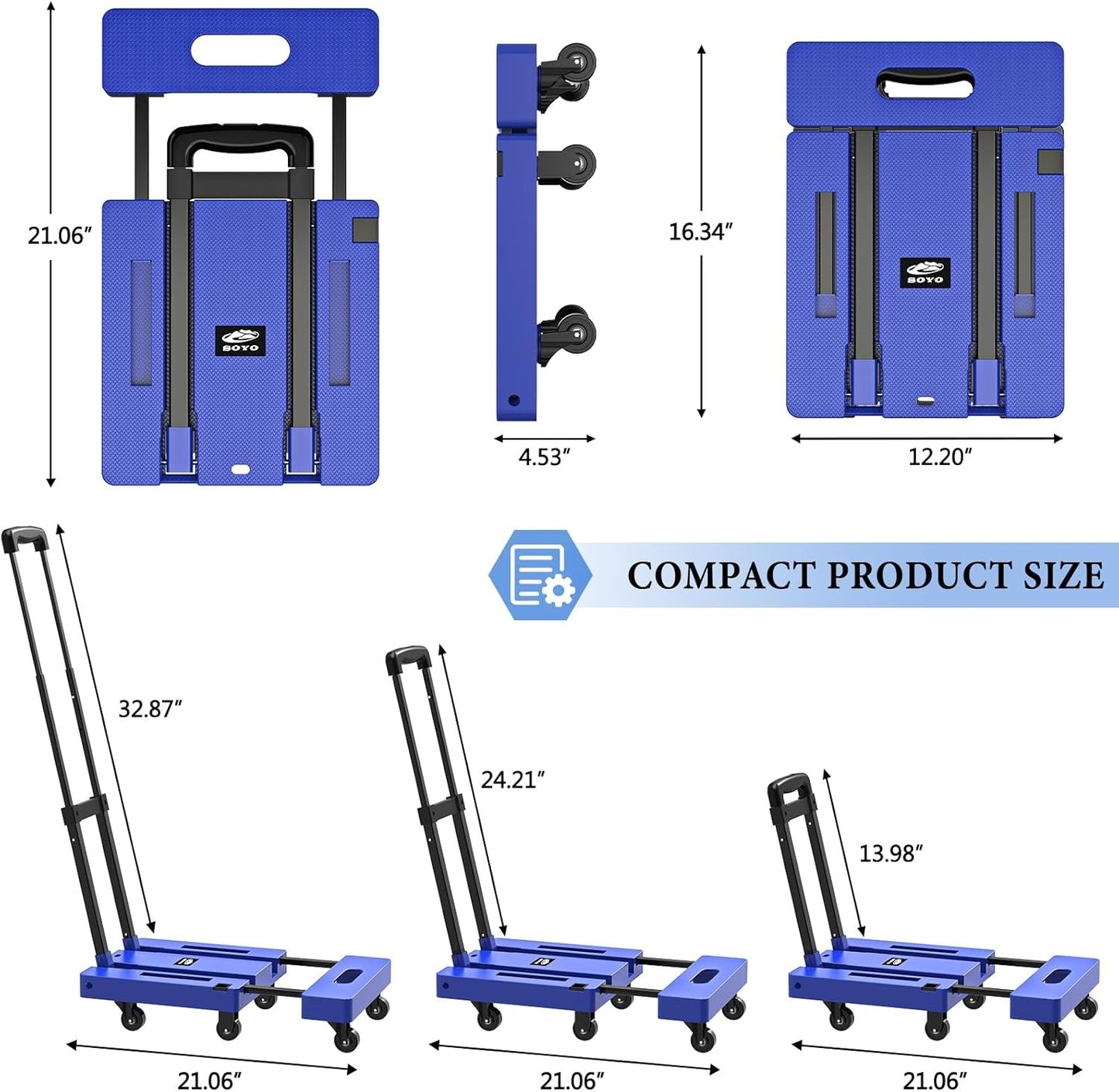 Foldable Dolly, Heavy Duty Dolly Cart, Folding Hand Truck with 6 Wheels & 2 Elastic Ropes, 500 LB Dolly Cart Capacity Portable Luggage Cart for Moving, Traveling and Shopping