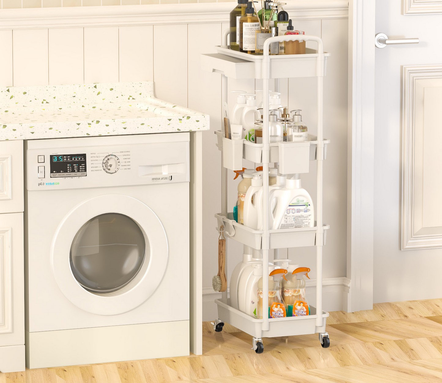 4 Tier Rolling Cart with Drawer, Utility cart with Handle, Bathroom Cart, Snack Cart, Storage Organizer with Lockable Wheels, Rolling Storage Cart for Kitchen, Bathroom, Office, 4 Tier