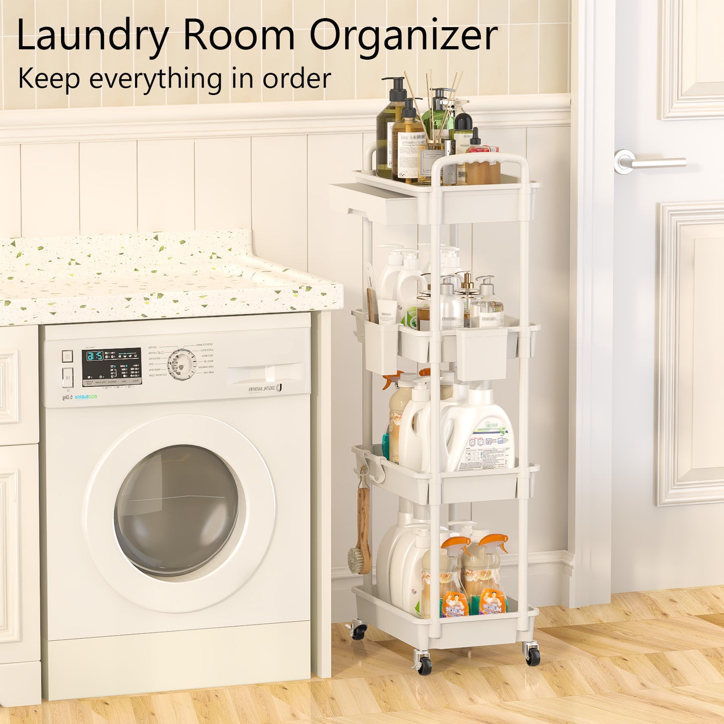 4 Tier Rolling Cart with Drawer, Utility cart with Handle, Bathroom Cart, Snack Cart, Storage Organizer with Lockable Wheels, Rolling Storage Cart for Kitchen, Bathroom, Office, 4 Tier