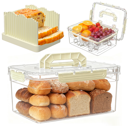 LLMRR 2-in-1 Bread Slicer, Foldable Bread Slicing Guide Adjustable Width, Chilled Condiment Server with 3 Separate Containers, Freezer Organizer, Fruit Tray, Veggie Tray