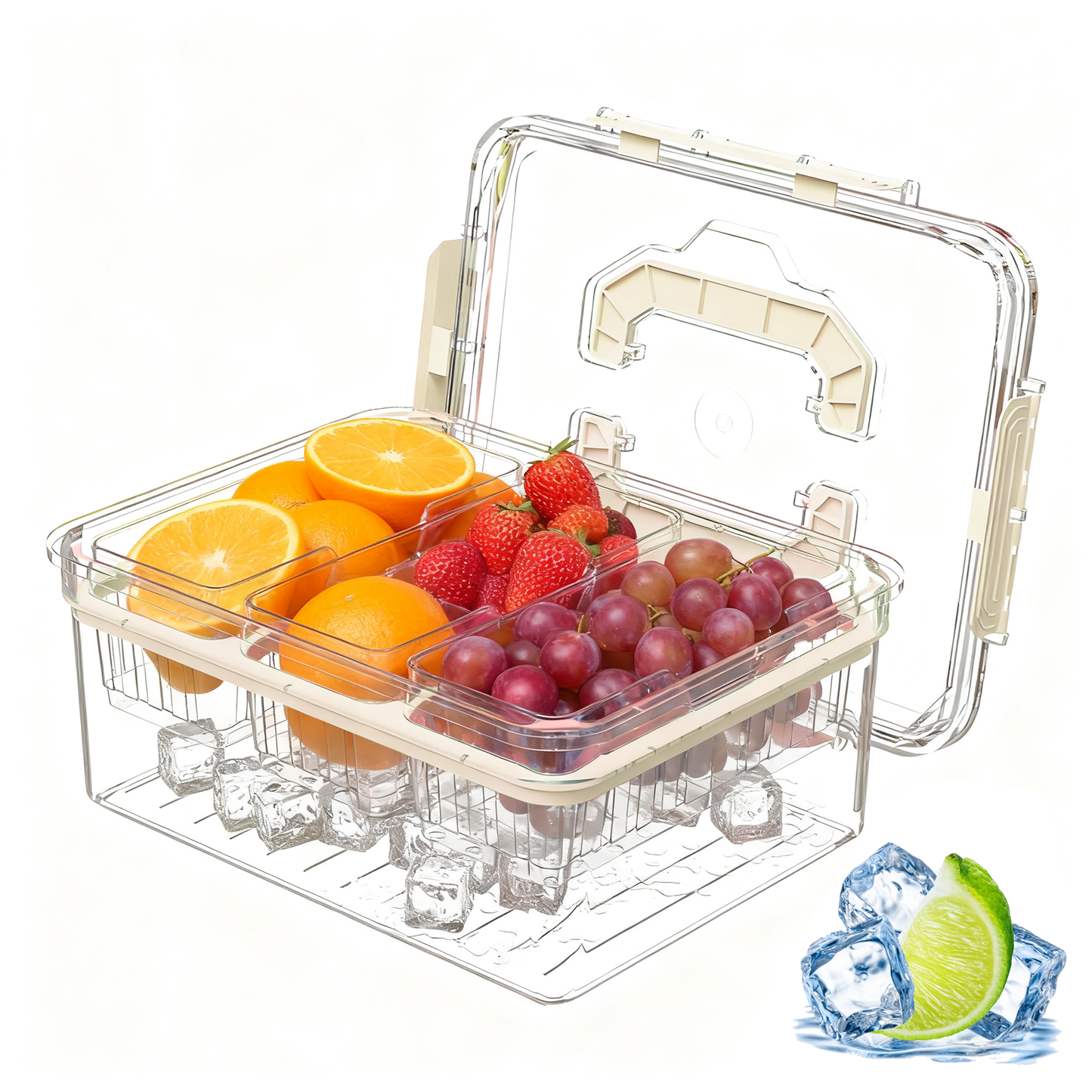 LLMRR Versatile Snackle Box Container, Chilled Serving Tray with Handle, Chilled Condiment Server with 3 Separate Containers, Fruit Platter Tray for Parties, Road Travel, Fruit, Veggies and Snacks