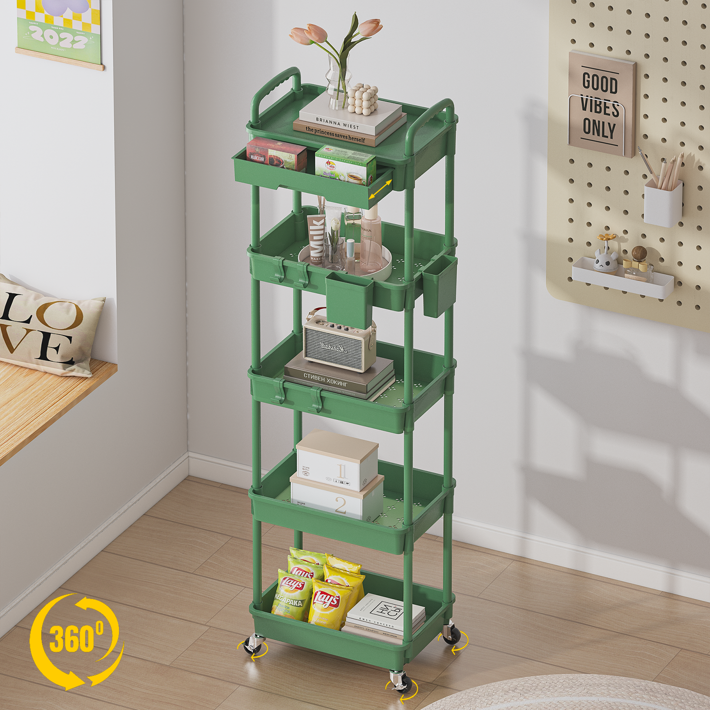 LLMRR 5 Tier Rolling Cart with Drawer, Utility cart with Handle, Bathroom Cart, Snack Cart, Storage Organizer with Lockable Wheels, Rolling Storage Cart for Kitchen, Bathroom, Office, 5 Tier