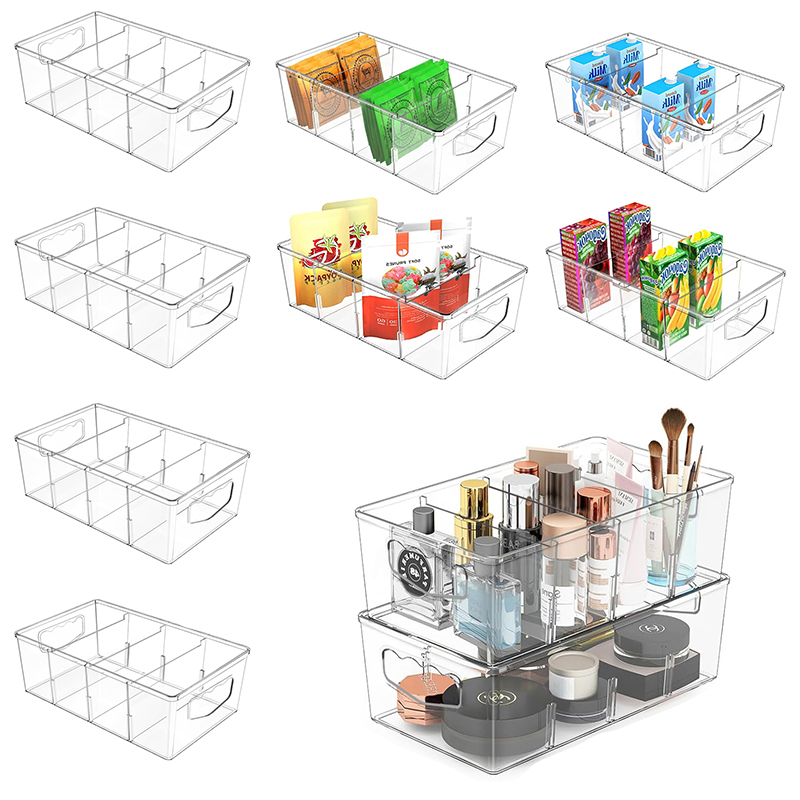 LLMRR Clear Storage Organizer, Clear Storage Bins, Plastic Storage Baskets with Removable Dividers, Plastic Storage Containers with Handles for Fridge, Pantry, Cabinet, Kitchen