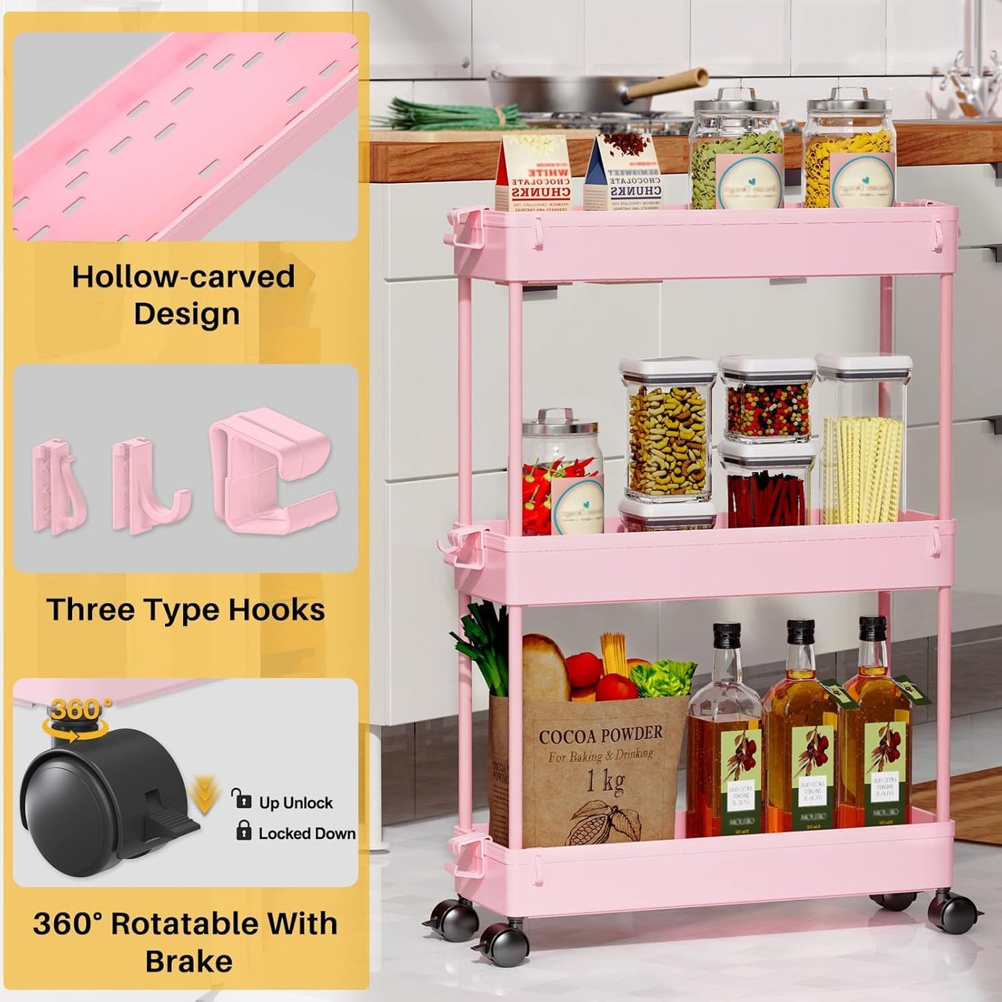 SPACELEAD Slim Rolling Cart, Bathroom Storage Cart with Lockable Wheels, Storage Organizer, Mobile Shelving Unit Cart for Bathroom, Laundry Room, Kitchen and Office