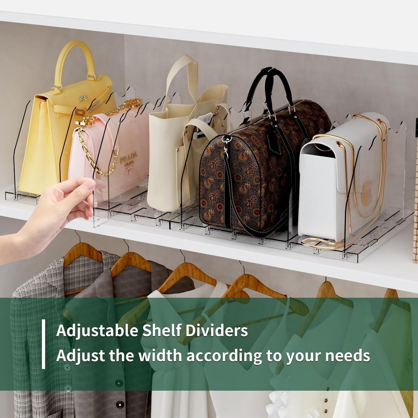 LLMRR Bag & Purse Organizer for Closet, Adjust	able Shelf Divider for Closet, Acrylic Handbag Separators Storage Organizer, Bookshelf Separator Divider for Bedroom, Living Room, Office