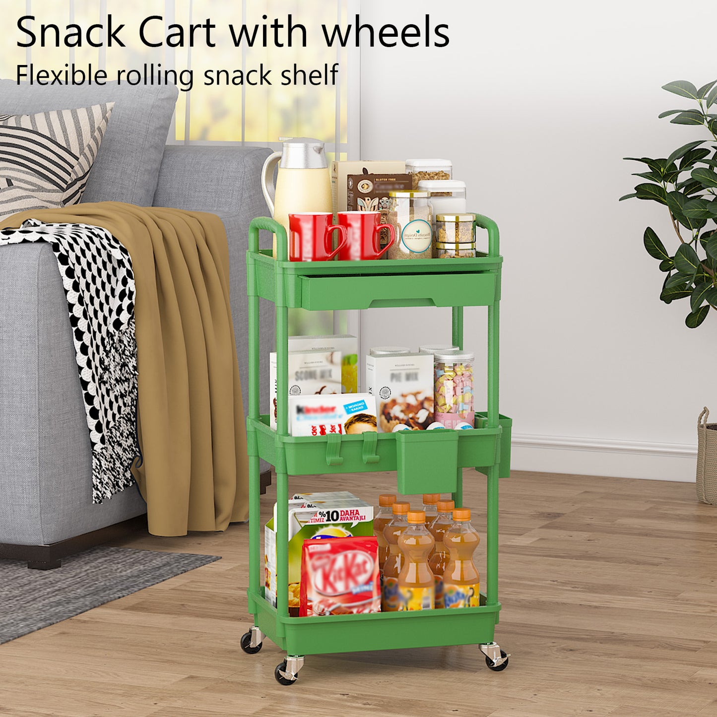 3 Tier Rolling Cart with Drawer, Utility cart with Handle, Bathroom Cart, Snack Cart, Storage Organizer with Lockable Wheels, Rolling Storage Cart for Kitchen, Bathroom, Office, 3 Tier
