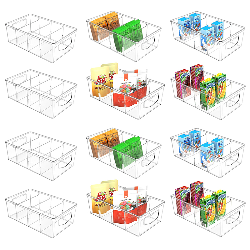 LLMRR Clear Storage Organizer, Clear Storage Bins, Plastic Storage Baskets with Removable Dividers, Plastic Storage Containers with Handles for Fridge, Pantry, Cabinet, Kitchen