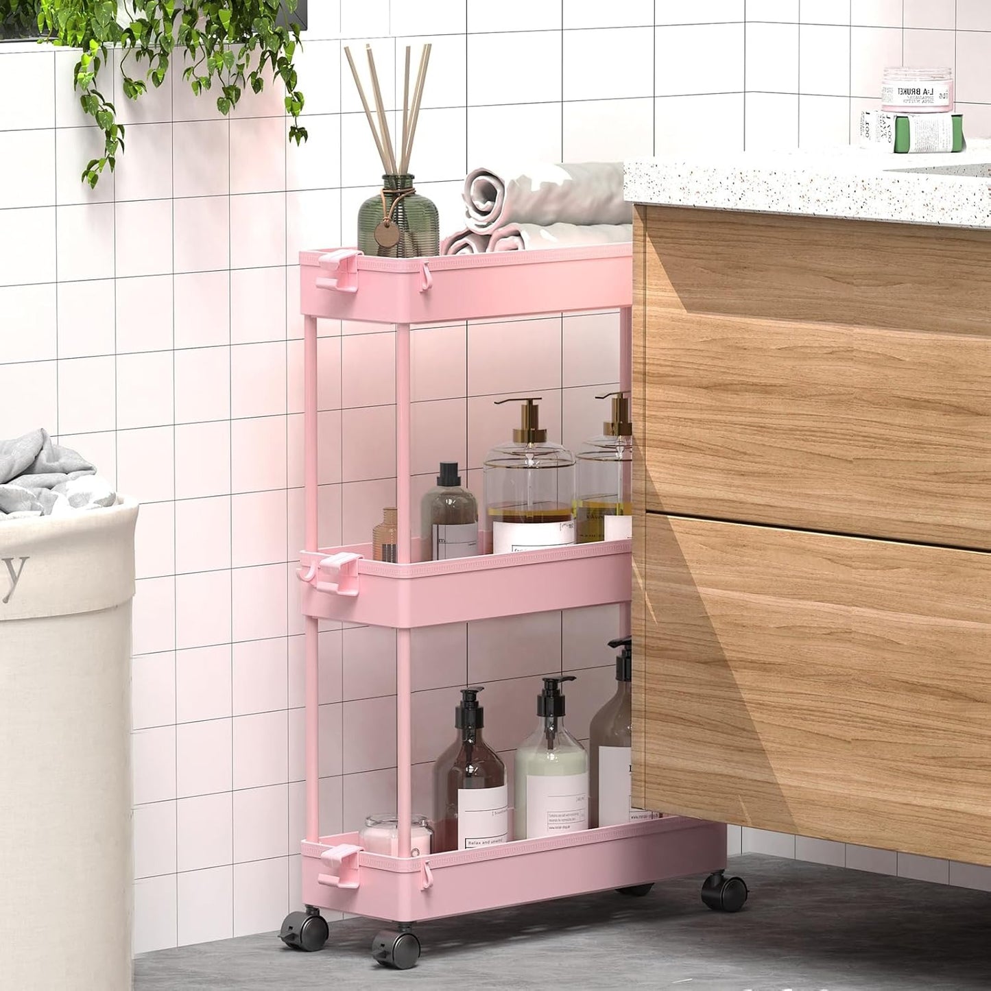 SPACELEAD Slim Rolling Cart, Bathroom Storage Cart with Lockable Wheels, Storage Organizer, Mobile Shelving Unit Cart for Bathroom, Laundry Room, Kitchen and Office