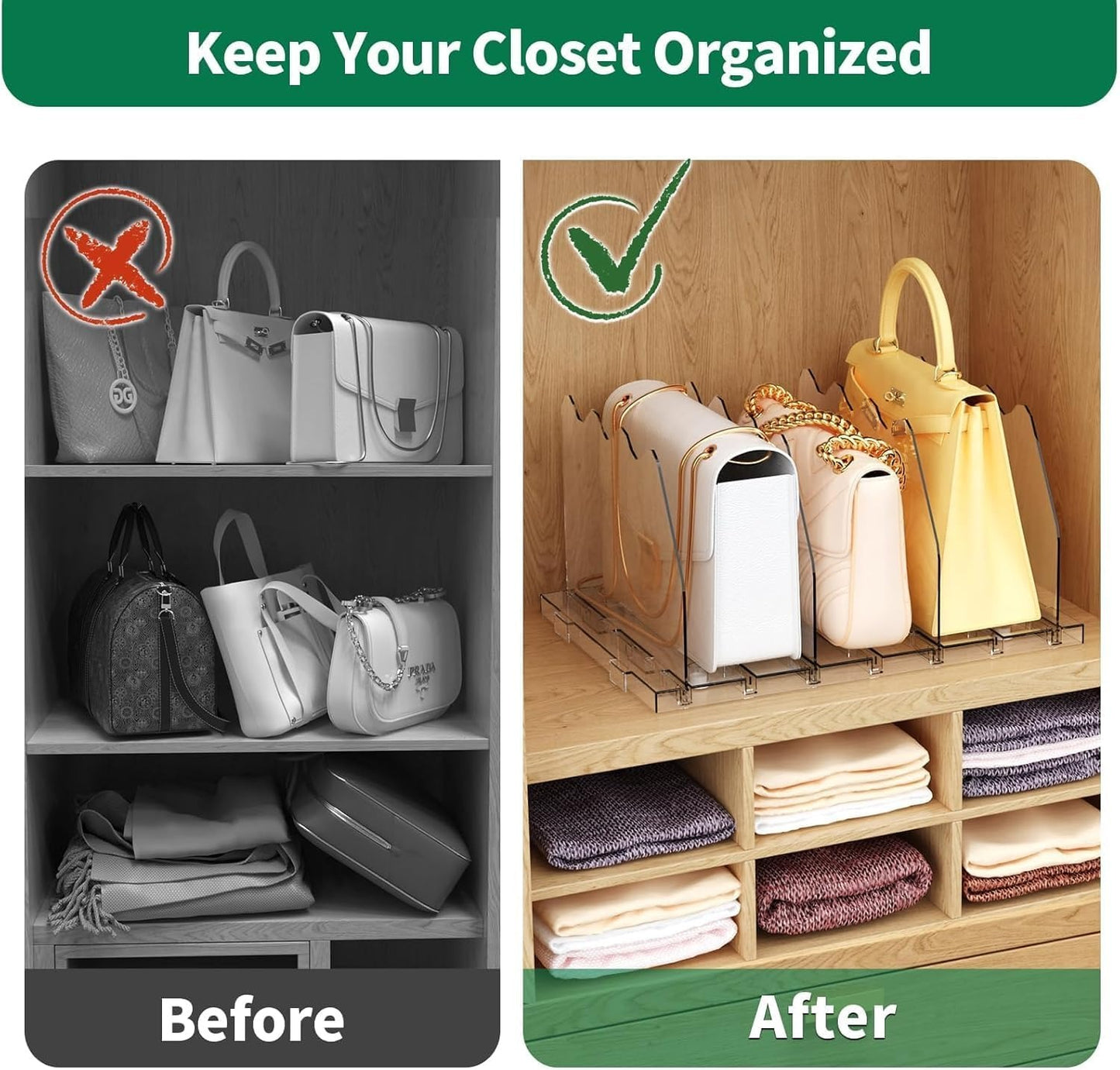 LLMRR Bag & Purse Organizer for Closet, Adjust	able Shelf Divider for Closet, Acrylic Handbag Separators Storage Organizer, Bookshelf Separator Divider for Bedroom, Living Room, Office
