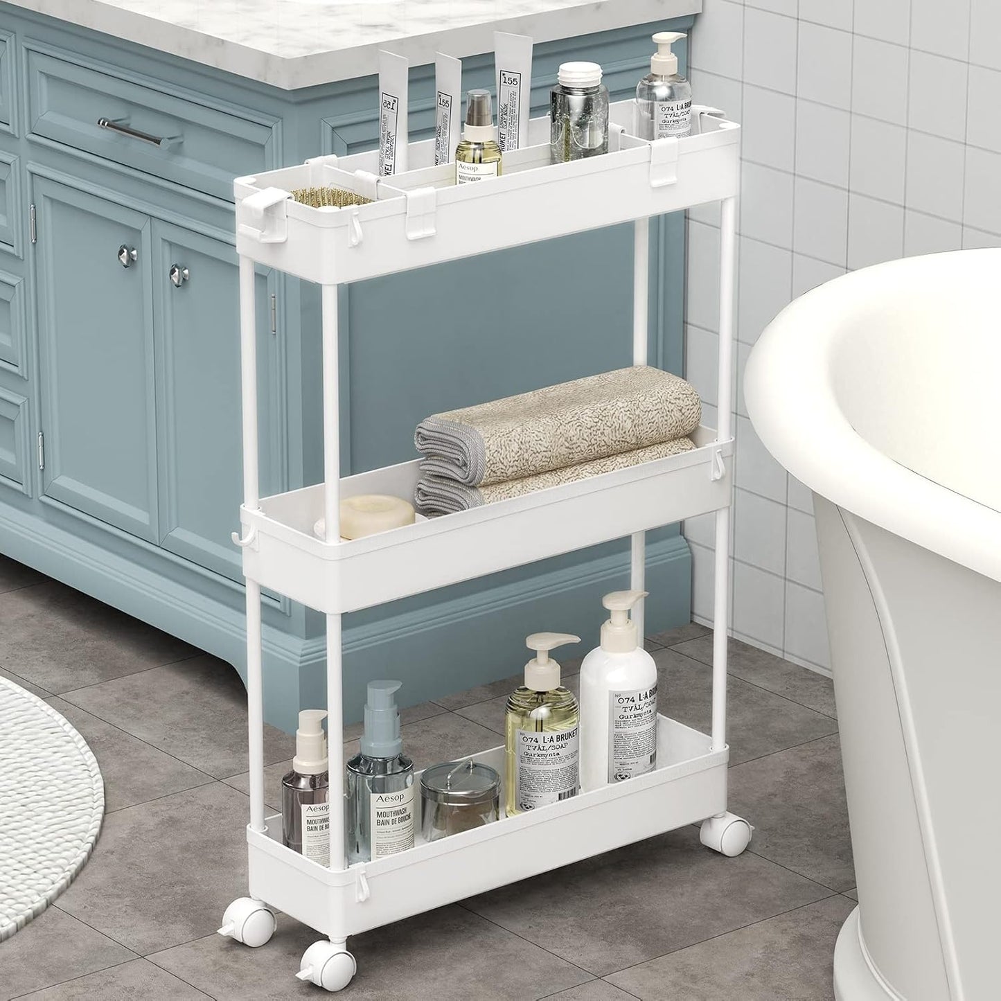 SPACELEAD Slim Rolling Cart, Bathroom Storage Cart with Lockable Wheels, Storage Organizer, Mobile Shelving Unit Cart for Bathroom, Laundry Room, Kitchen and Office