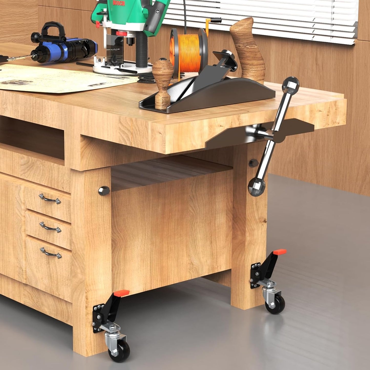 LLMRR Workbench Casters Kit, 4 PCS Heavy Duty Casters with Brake, with Lifting and Lowering Function, Quick Release Stepdown Caster for Workbenches, Machinery and Tables