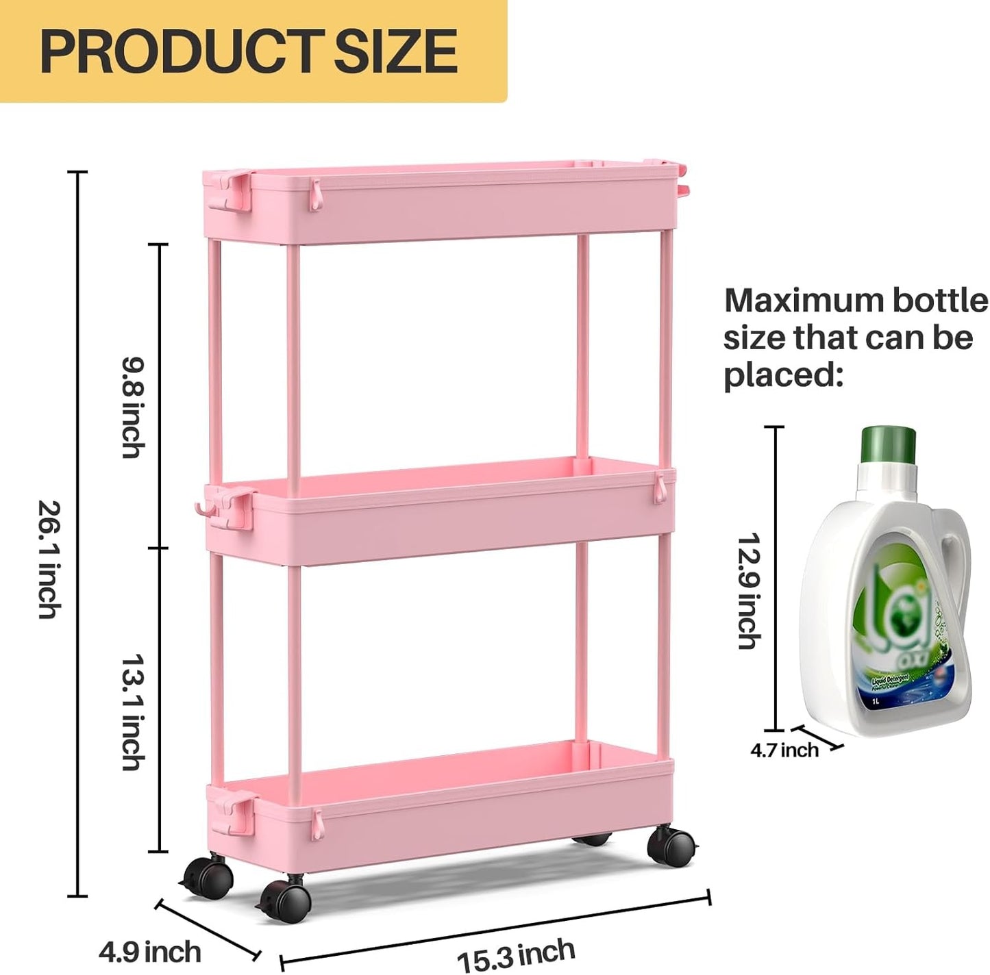SPACELEAD Slim Rolling Cart, Bathroom Storage Cart with Lockable Wheels, Storage Organizer, Mobile Shelving Unit Cart for Bathroom, Laundry Room, Kitchen and Office