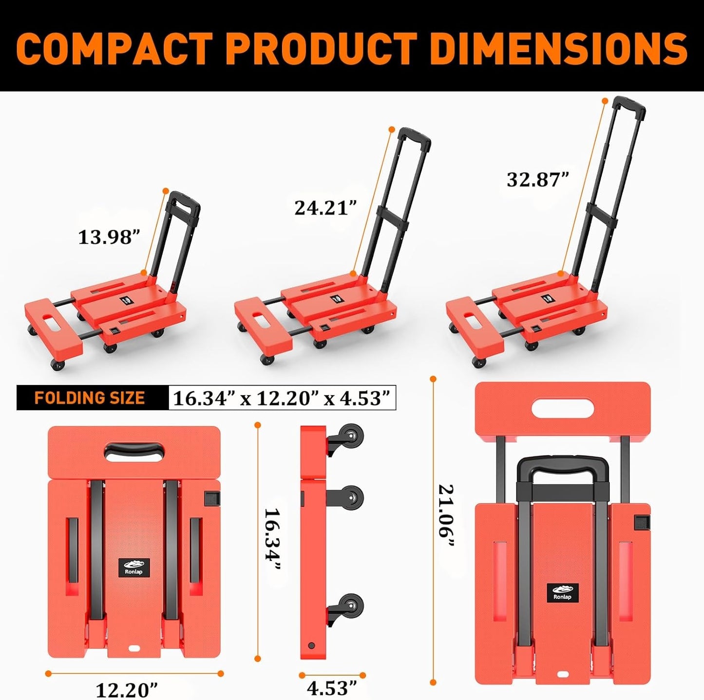 Foldable Dolly, Heavy Duty Dolly Cart, Folding Hand Truck with 6 Wheels & 2 Elastic Ropes, 500 LB Dolly Cart Capacity Portable Luggage Cart for Moving, Traveling and Shopping