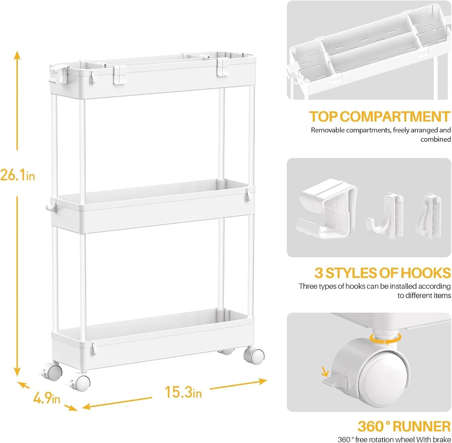 SPACELEAD Slim Rolling Cart, Bathroom Storage Cart with Lockable Wheels, Storage Organizer, Mobile Shelving Unit Cart for Bathroom, Laundry Room, Kitchen and Office
