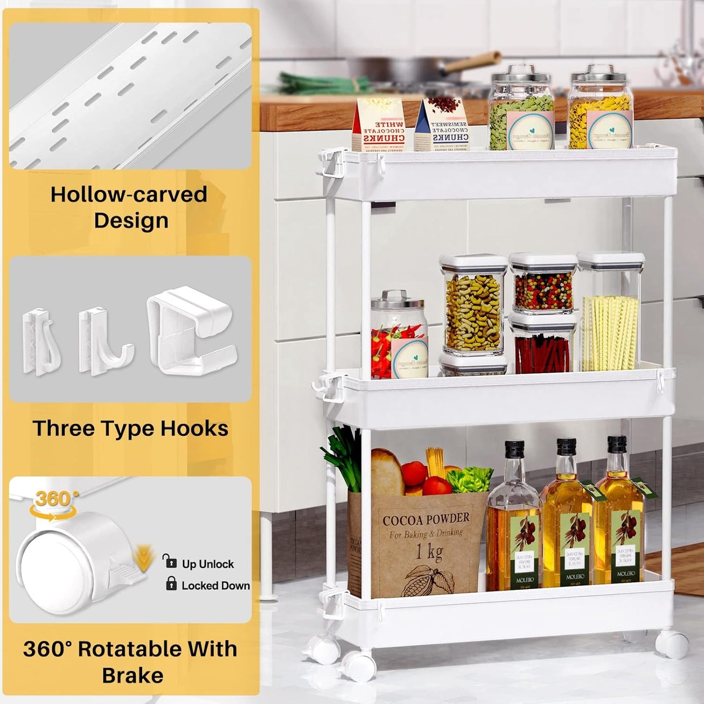 SPACELEAD Slim Rolling Cart, Bathroom Storage Cart with Lockable Wheels, Storage Organizer, Mobile Shelving Unit Cart for Bathroom, Laundry Room, Kitchen and Office