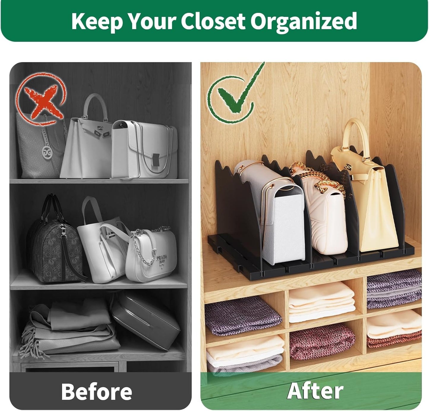 LLMRR Bag & Purse Organizer for Closet, Adjust	able Shelf Divider for Closet, Acrylic Handbag Separators Storage Organizer, Bookshelf Separator Divider for Bedroom, Living Room, Office