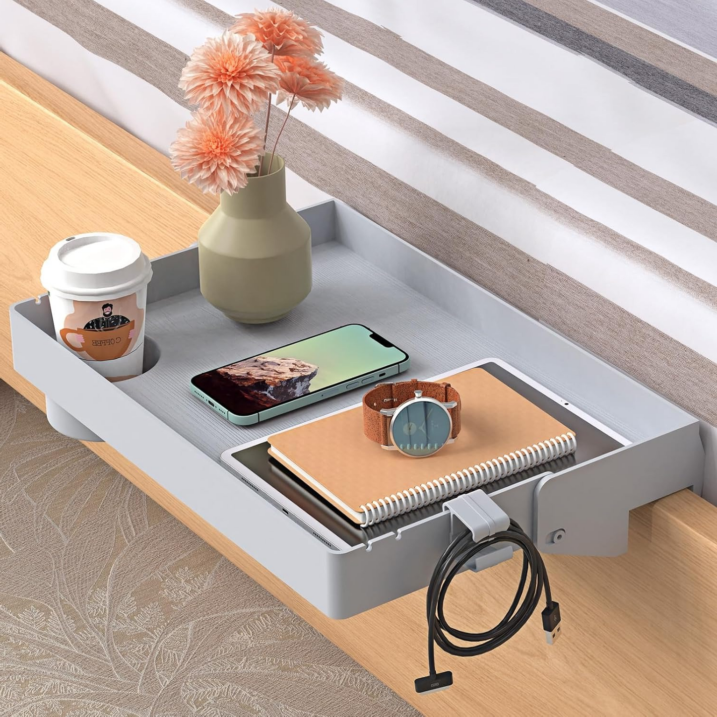 LLMRR Bedside Shelf, Foldable Bunk Bed Shelf, Attachable Bedside Table with Hooks, College Dorm Room Essentials, Bedside Caddy Tray Organizer for Loft Bed, Dorm Bed