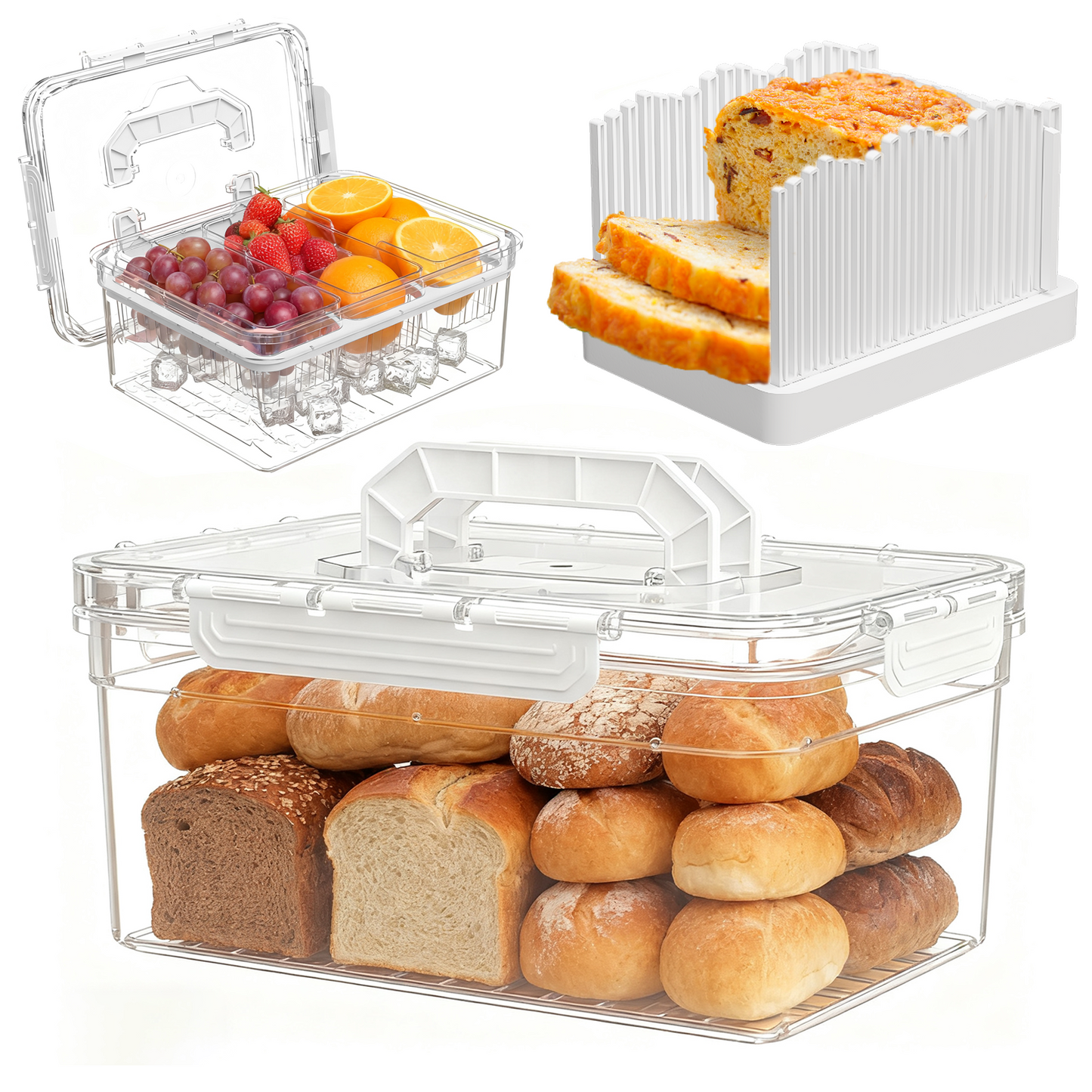 LLMRR 2-in-1 Bread Slicer, Foldable Bread Slicing Guide Adjustable Width, Chilled Condiment Server with 3 Separate Containers, Freezer Organizer, Fruit Tray, Veggie Tray