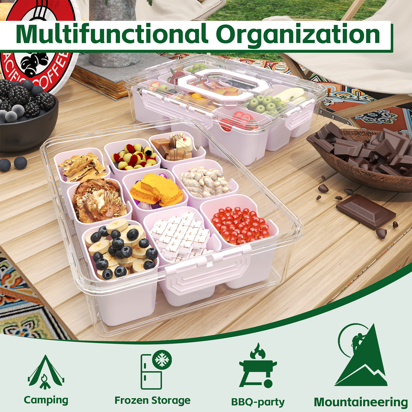 LLMRR Snackle Box Container, Divided Serving Tray with Lid and Handle, Portable Clear Snackle Box, Snack Box & Fruit Tray for Road Travel, Party, Veggie, Fruit, Candy