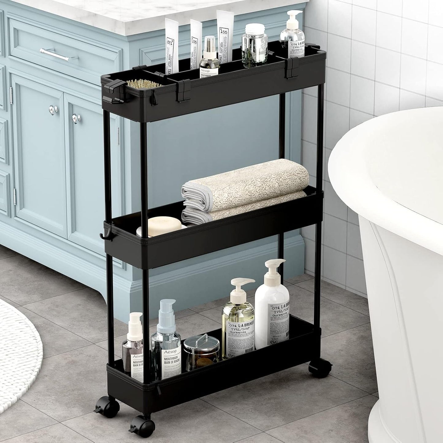 SPACELEAD Slim Rolling Cart, Bathroom Storage Cart with Lockable Wheels, Storage Organizer, Mobile Shelving Unit Cart for Bathroom, Laundry Room, Kitchen and Office
