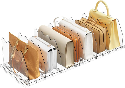 LLMRR Bag & Purse Organizer for Closet, Adjust	able Shelf Divider for Closet, Acrylic Handbag Separators Storage Organizer, Bookshelf Separator Divider for Bedroom, Living Room, Office