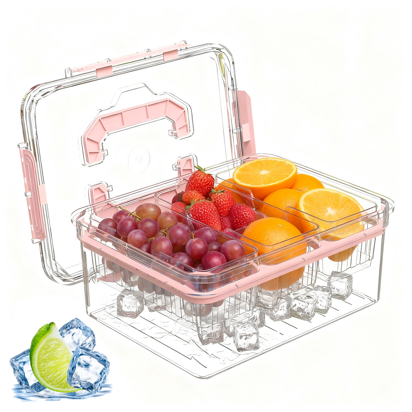 LLMRR Versatile Snackle Box Container, Chilled Serving Tray with Handle, Chilled Condiment Server with 3 Separate Containers, Fruit Platter Tray for Parties, Road Travel, Fruit, Veggies and Snacks