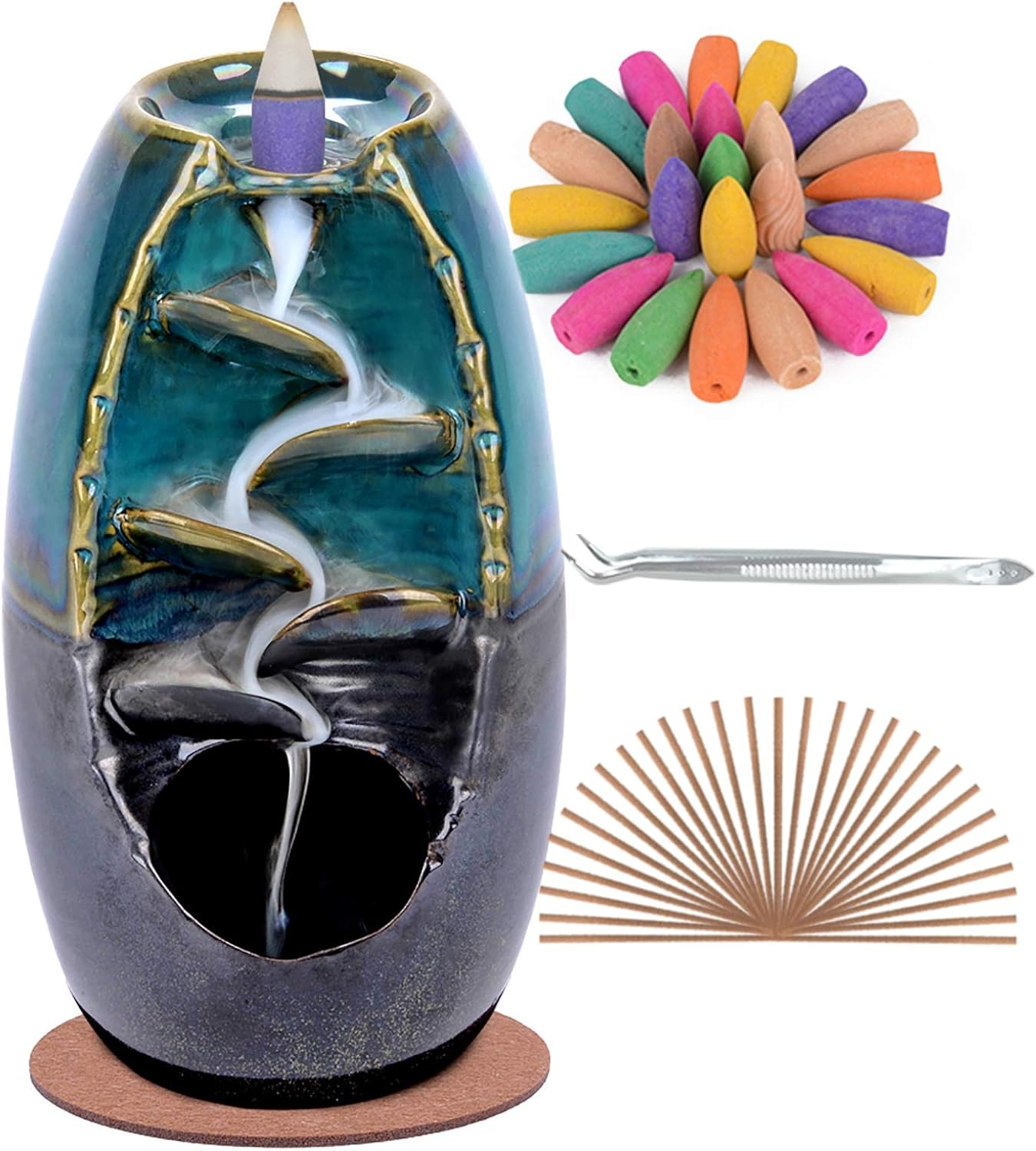 LLMRR Ceramic Waterfall Incense Burner, Backflow Incense Burner, Ornament Home Decor with 30 Incense Stick & 120 Backflow Incense Cones, 	Aromatherapy Ornament for Office, Yoga Room