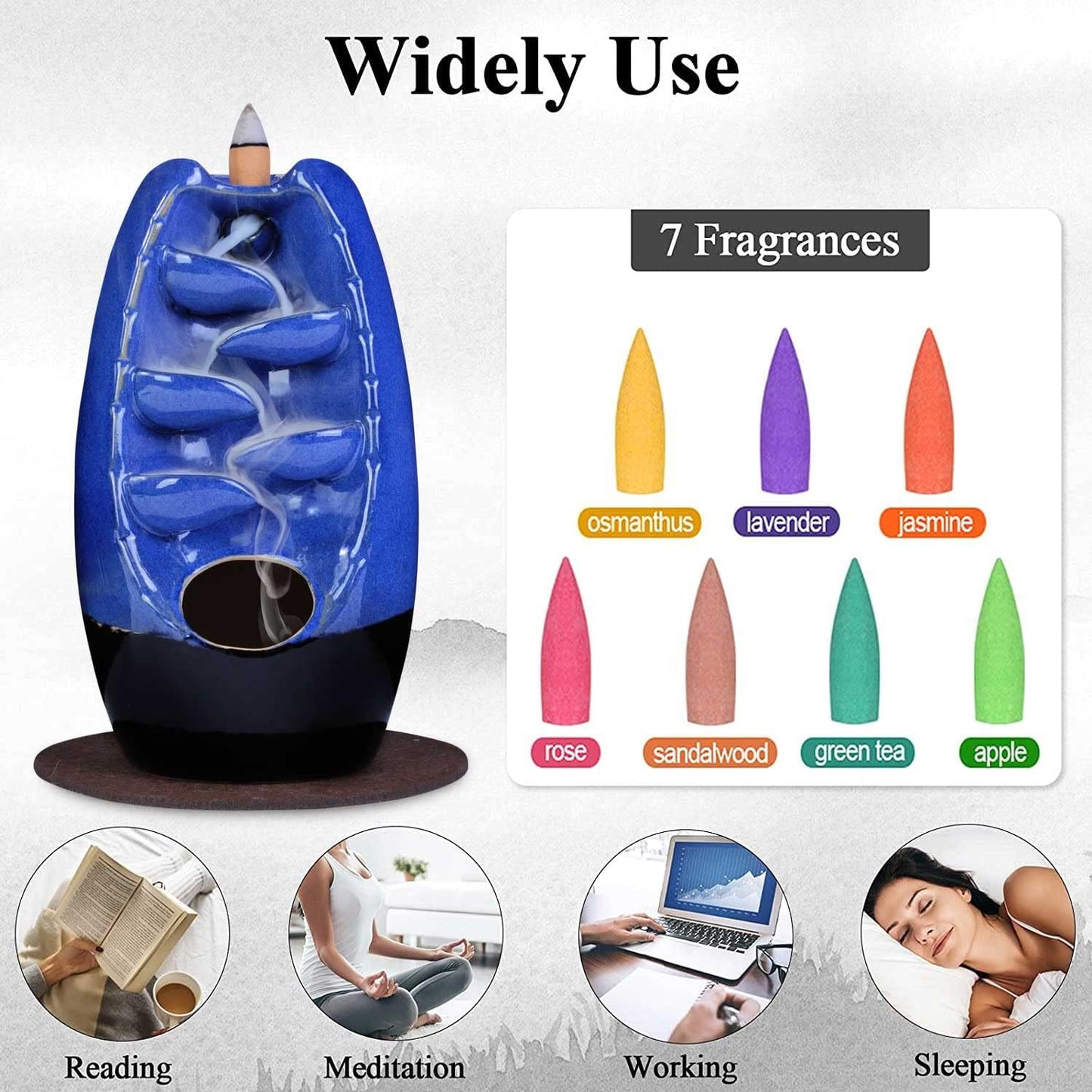 LLMRR Ceramic Waterfall Incense Burner, Backflow Incense Burner, Ornament Home Decor with 30 Incense Stick & 120 Backflow Incense Cones, 	Aromatherapy Ornament for Office, Yoga Room