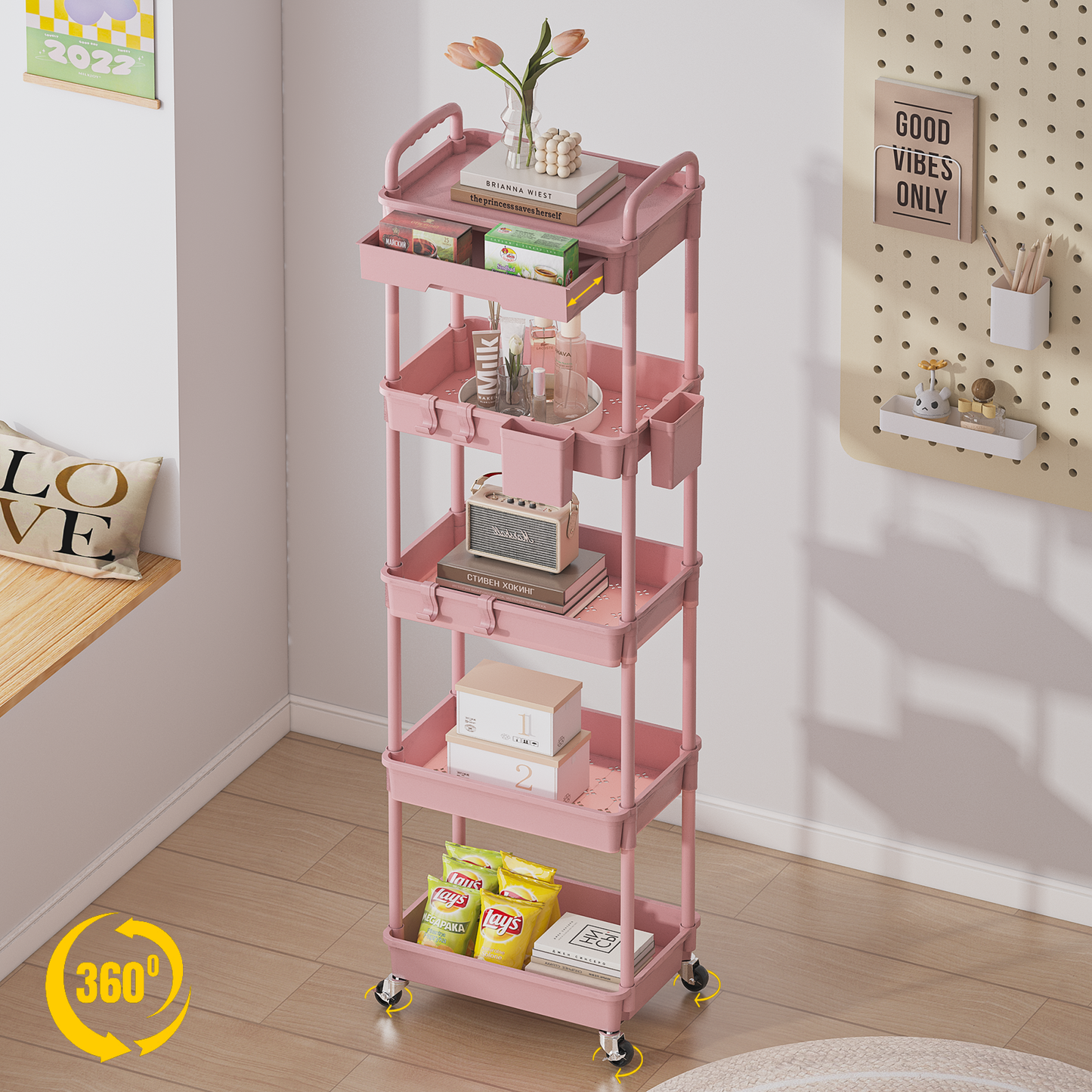 LLMRR 5 Tier Rolling Cart with Drawer, Utility cart with Handle, Bathroom Cart, Snack Cart, Storage Organizer with Lockable Wheels, Rolling Storage Cart for Kitchen, Bathroom, Office, 5 Tier