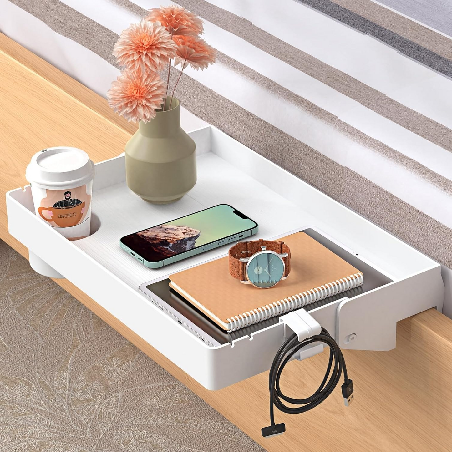 LLMRR Bedside Shelf, Foldable Bunk Bed Shelf, Attachable Bedside Table with Hooks, College Dorm Room Essentials, Bedside Caddy Tray Organizer for Loft Bed, Dorm Bed