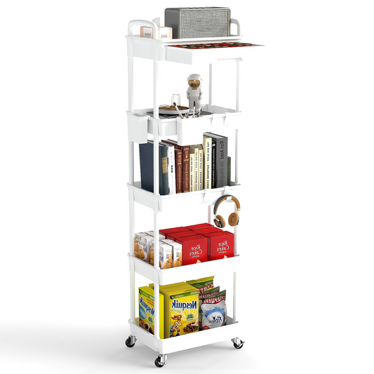 LLMRR 5 Tier Rolling Cart with Drawer, Utility cart with Handle, Bathroom Cart, Snack Cart, Storage Organizer with Lockable Wheels, Rolling Storage Cart for Kitchen, Bathroom, Office, 5 Tier