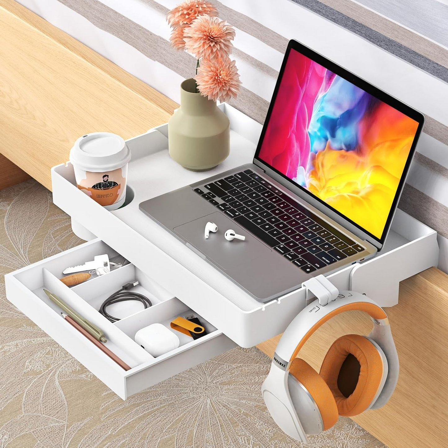 LLMRR Bedside Shelf, Foldable Bunk Bed Shelf, Attachable Bedside Table with Hooks, College Dorm Room Essentials, Bedside Caddy Tray Organizer for Loft Bed, Dorm Bed