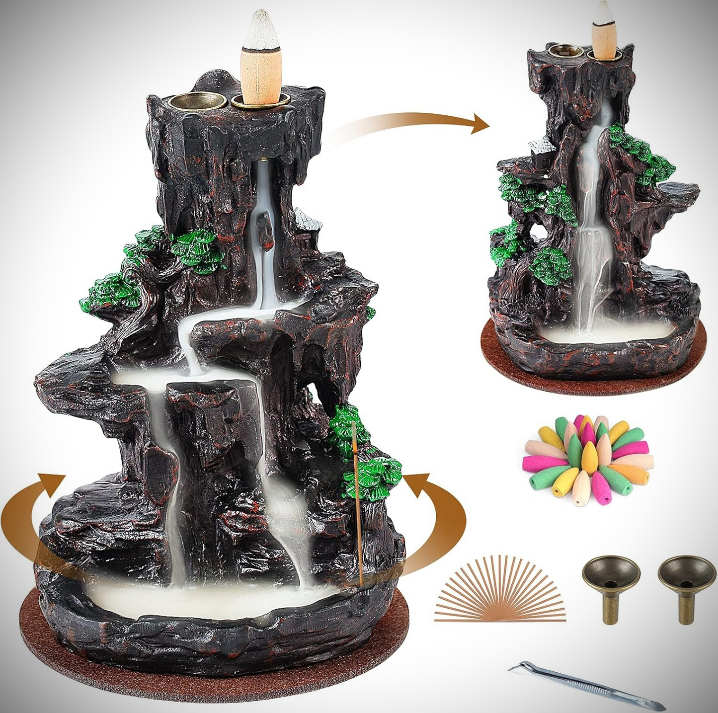 LLMRR Waterfall Incense Burner, Backflow Incense Burner, Resin Mountain Incense Holders with 30 Incense Stick & 120 Backflow Incense Cones, Monk Incense Burner for Office, Yoga Room, Double Side