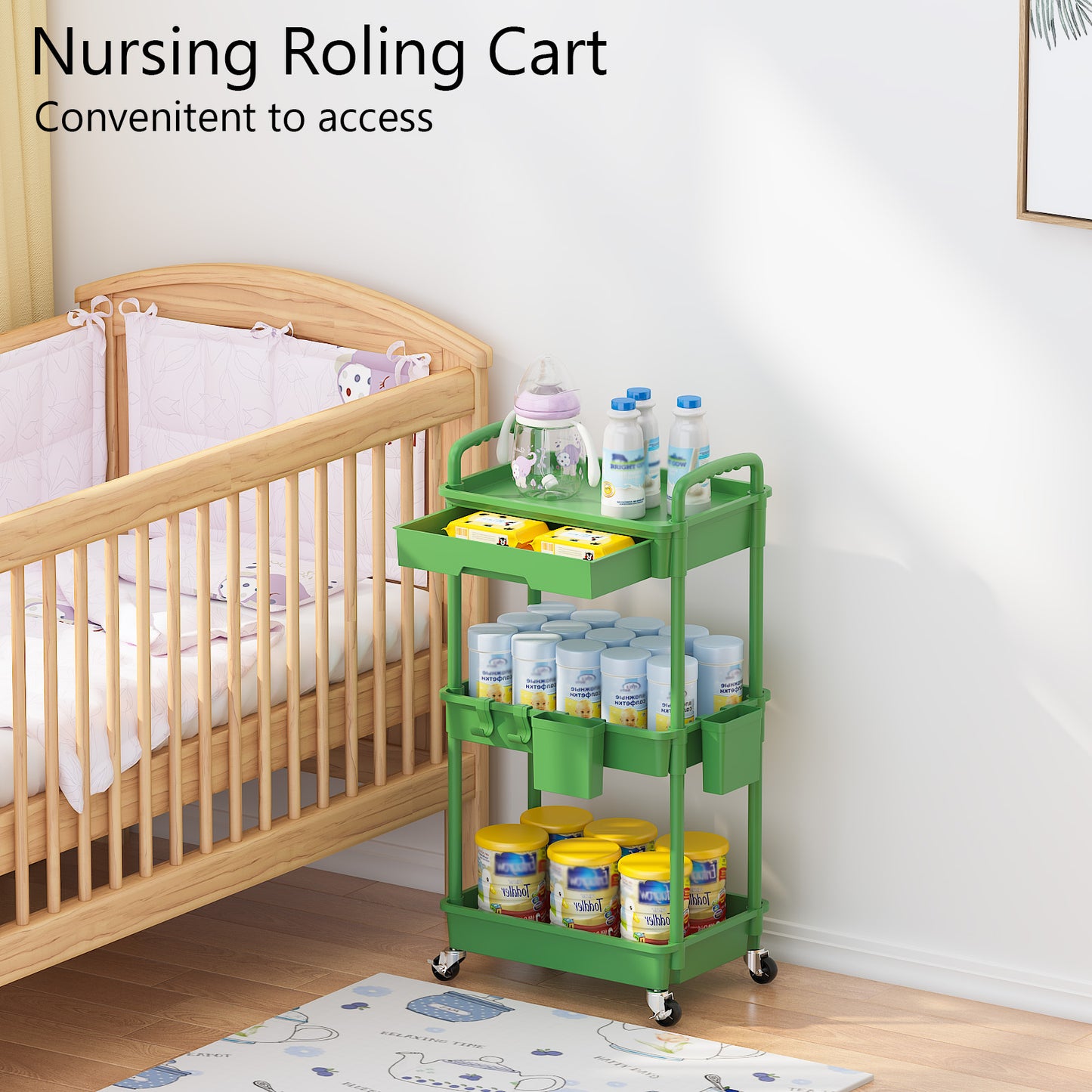 3 Tier Rolling Cart with Drawer, Utility cart with Handle, Bathroom Cart, Snack Cart, Storage Organizer with Lockable Wheels, Rolling Storage Cart for Kitchen, Bathroom, Office, 3 Tier