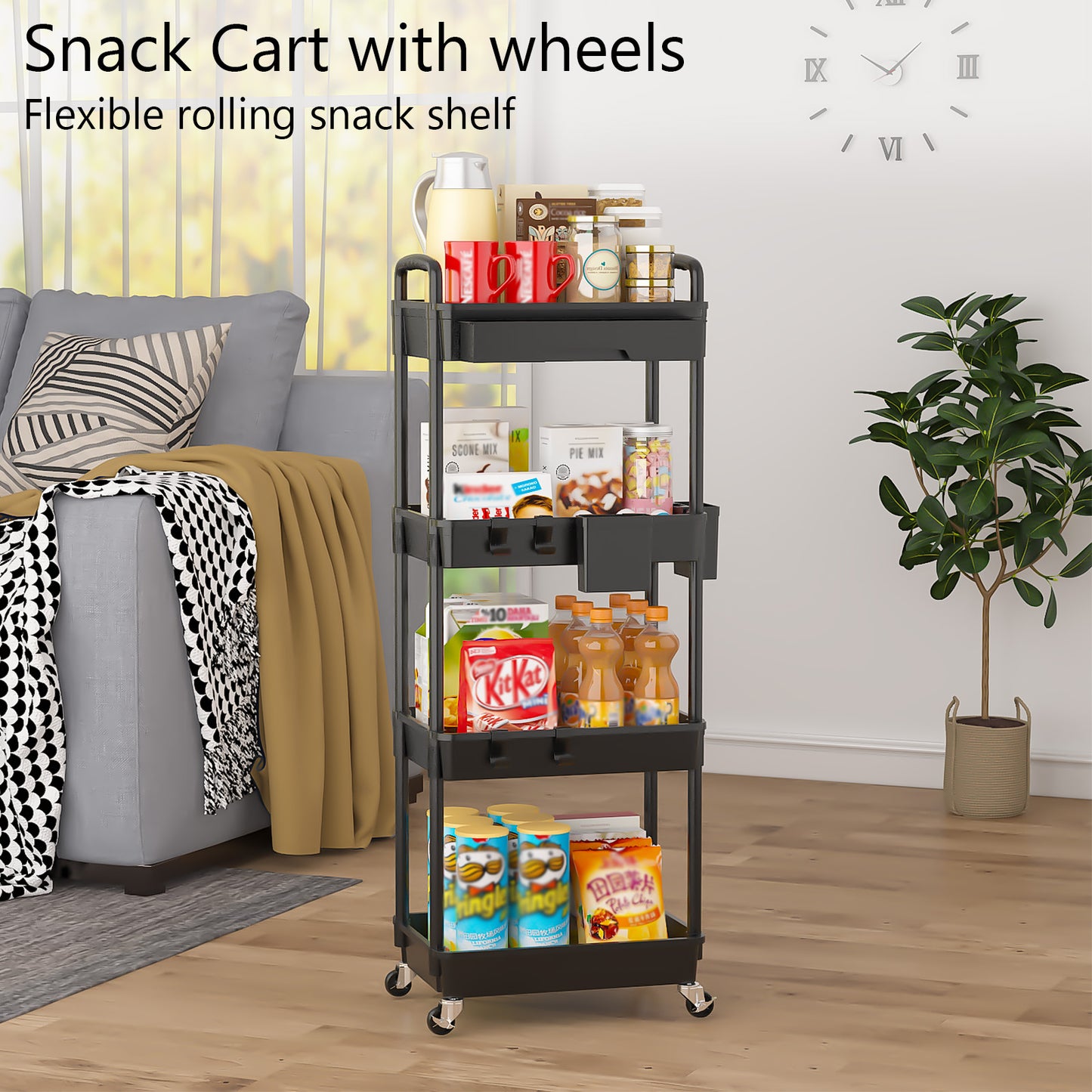 4 Tier Rolling Cart with Drawer, Utility cart with Handle, Bathroom Cart, Snack Cart, Storage Organizer with Lockable Wheels, Rolling Storage Cart for Kitchen, Bathroom, Office, 4 Tier