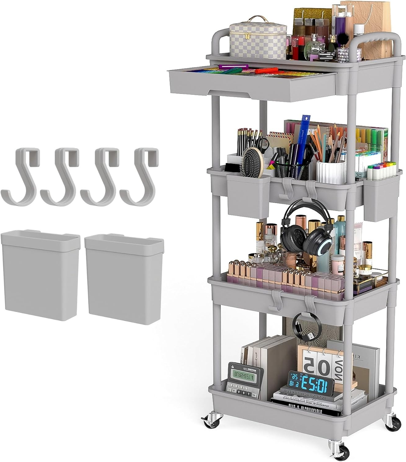 4 Tier Rolling Cart with Drawer, Utility cart with Handle, Bathroom Cart, Snack Cart, Storage Organizer with Lockable Wheels, Rolling Storage Cart for Kitchen, Bathroom, Office, 4 Tier