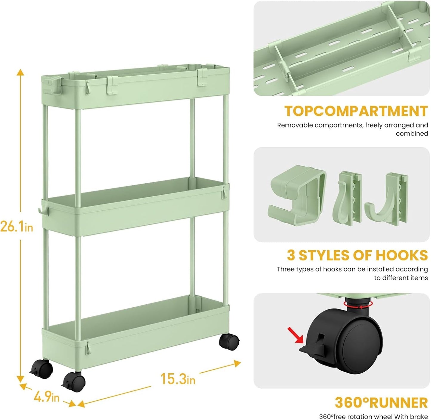 SPACELEAD Slim Rolling Cart, Bathroom Storage Cart with Lockable Wheels, Storage Organizer, Mobile Shelving Unit Cart for Bathroom, Laundry Room, Kitchen and Office